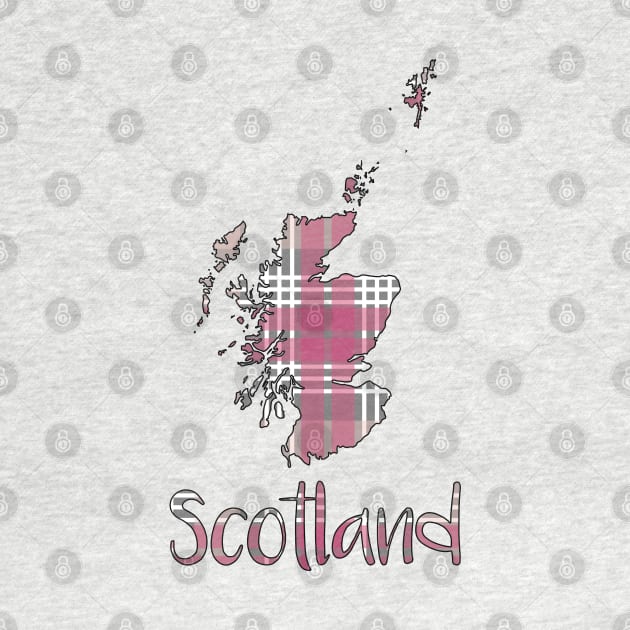 Scotland Pink, White and Grey Tartan Map Typography Design by MacPean